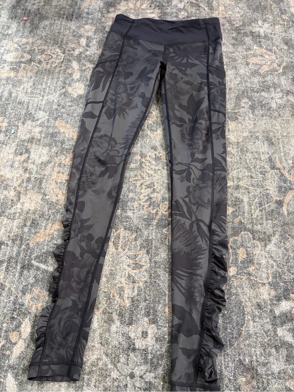 lululemon athletica Black Floral Print Ruffled Leggings